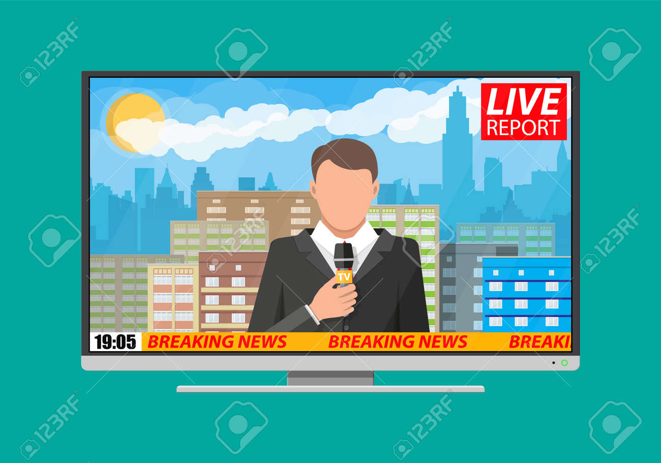 87436507-近代的なフラット画面テレビのニュースで。建物、雲、空、太陽と街並み。ジャーナリズム、ライブ-レポート、ホット.jpg